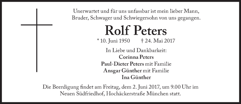  Traueranzeige für Rolf Peters vom 30.05.2017 aus Süddeutsche Zeitung