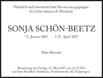 Traueranzeige von Sonja Schön-Beetz von Süddeutsche Zeitung
