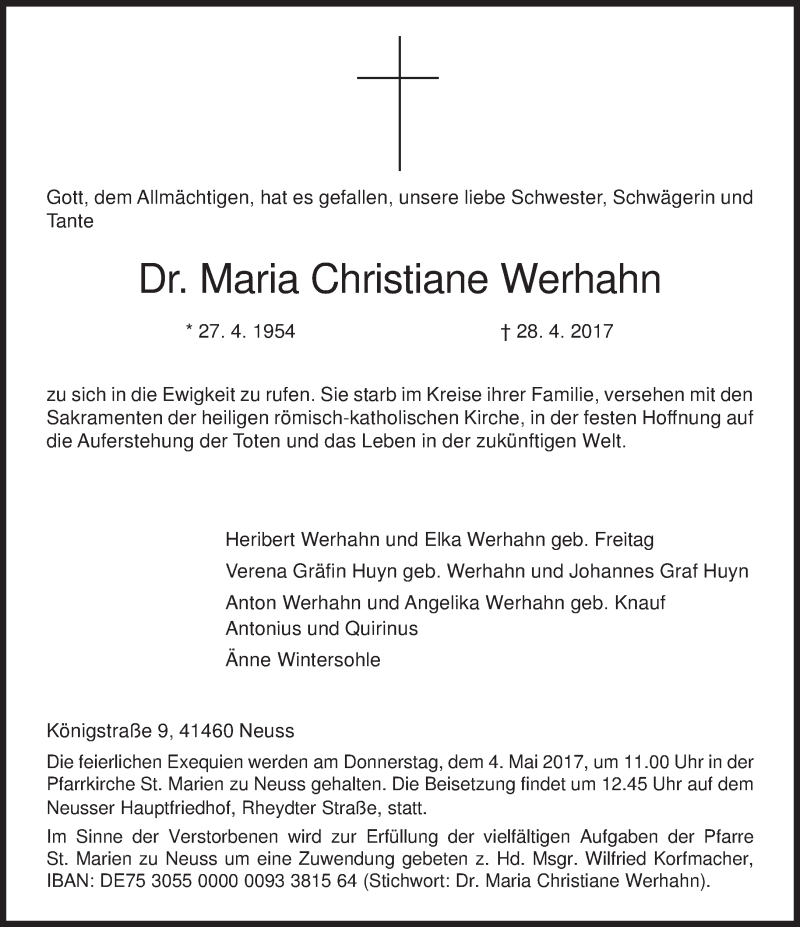 Anzeige Von Maria Christiane Werhahn Sz Gedenken De