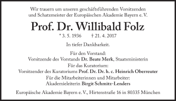 Traueranzeige von Willibald Folz von Süddeutsche Zeitung