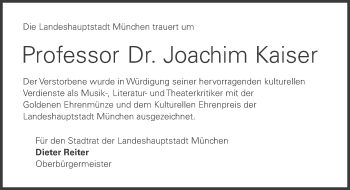Traueranzeige von Joachim Kaiser von Süddeutsche Zeitung