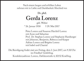 Traueranzeige von Gerda Lorenz von Süddeutsche Zeitung