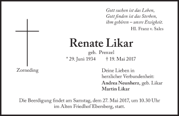 Traueranzeige von Renate Likar von Süddeutsche Zeitung