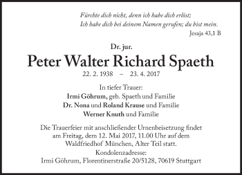 Traueranzeige von Peter Walter Richard Spaeth von Süddeutsche Zeitung