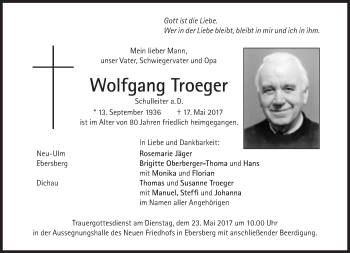 Traueranzeige von Wolfgang Troeger von Süddeutsche Zeitung
