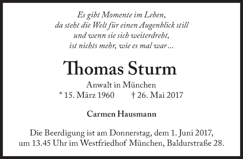  Traueranzeige für Thomas Sturm vom 30.05.2017 aus Süddeutsche Zeitung