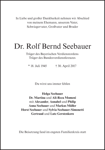 Traueranzeige von Rolf Bernd Seebauer von Süddeutsche Zeitung