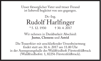 Traueranzeige von Rudolf Harlfinger von Süddeutsche Zeitung