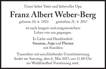 Traueranzeige von Franz Albert Weber-Berg von Süddeutsche Zeitung