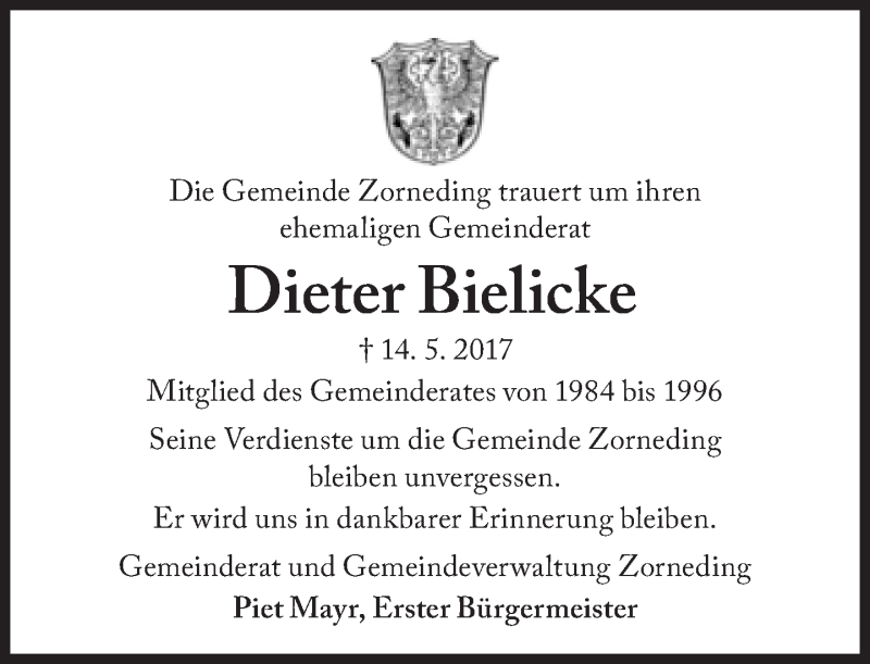  Traueranzeige für Dieter Bielicke vom 20.05.2017 aus Süddeutsche Zeitung