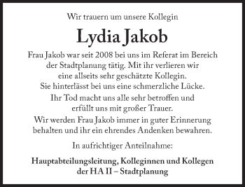 Traueranzeige von Lydia Jakob von Süddeutsche Zeitung