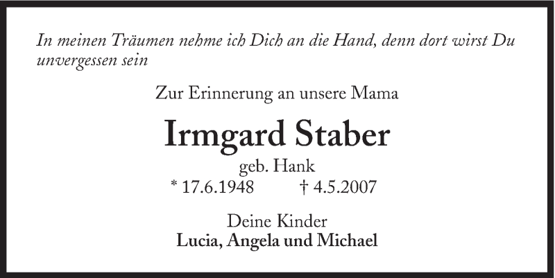  Traueranzeige für Irmgard Staber vom 04.05.2017 aus Süddeutsche Zeitung