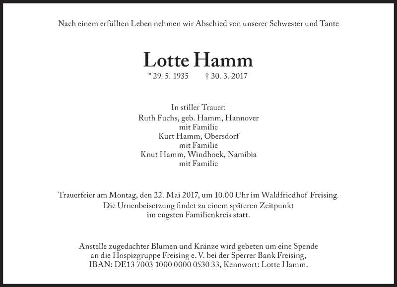  Traueranzeige für Lotte Hamm vom 06.05.2017 aus Süddeutsche Zeitung