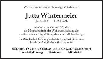 Traueranzeige von Jutta Wintermeier von Süddeutsche Zeitung