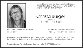 Traueranzeige von Christa Burger von Süddeutsche Zeitung