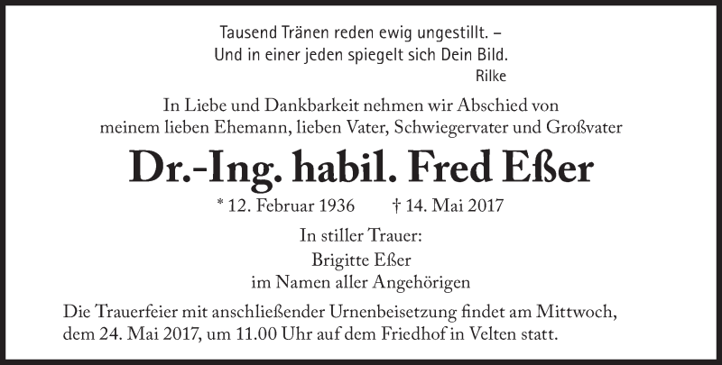  Traueranzeige für Fred Eßer vom 20.05.2017 aus Süddeutsche Zeitung