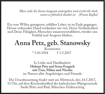 Traueranzeige von Anna Petz von Süddeutsche Zeitung