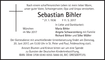Traueranzeige von Sebastian Bihler von Süddeutsche Zeitung