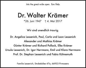 Traueranzeige von Walter Krämer von Süddeutsche Zeitung