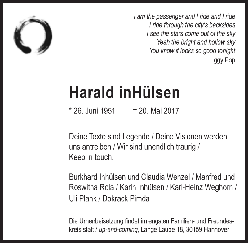  Traueranzeige für Harald inHülsen vom 27.05.2017 aus Süddeutsche Zeitung