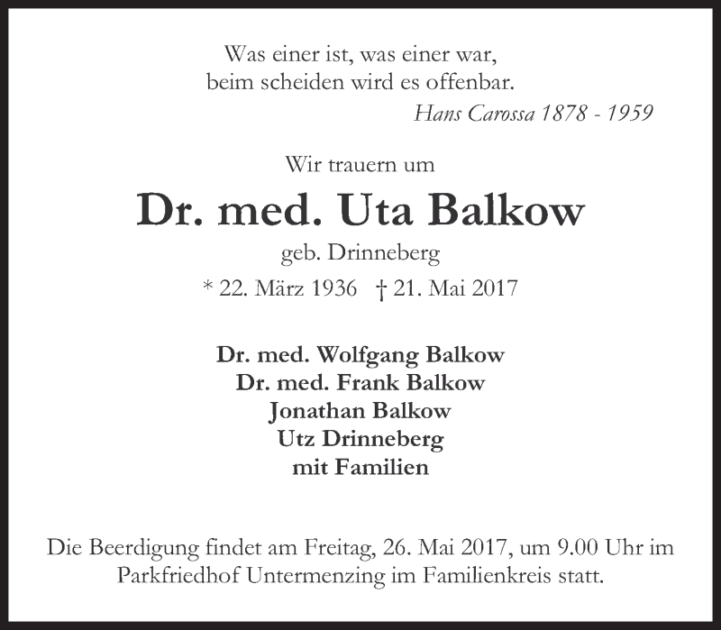  Traueranzeige für Uta Balkow vom 26.05.2017 aus Süddeutsche Zeitung