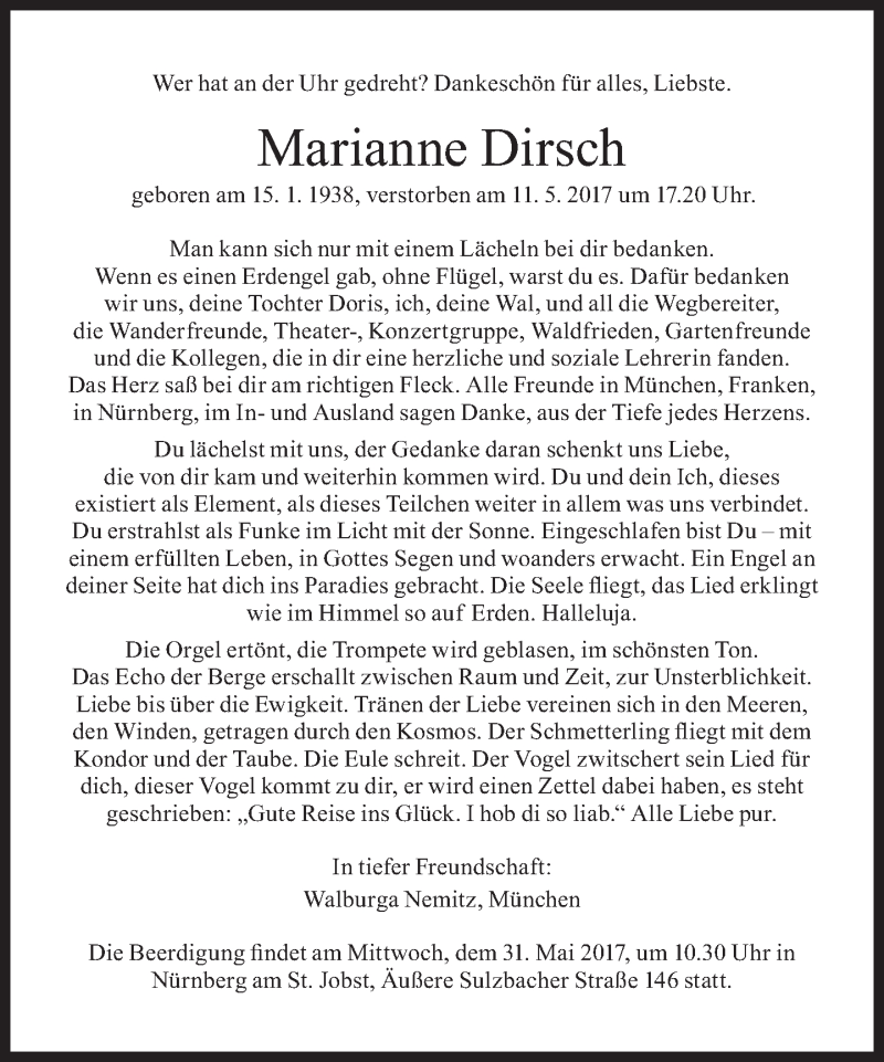  Traueranzeige für Marianne Dirsch vom 27.05.2017 aus Süddeutsche Zeitung