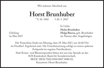 Traueranzeige von Horst Brunhuber von Süddeutsche Zeitung