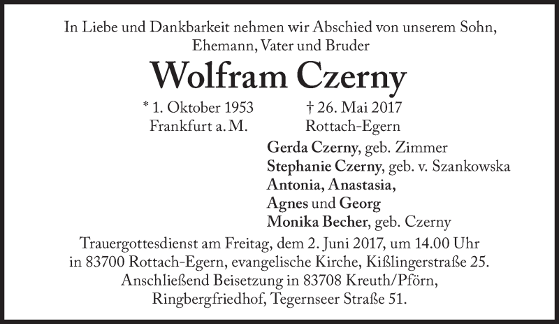  Traueranzeige für Wolfram Czerny vom 30.05.2017 aus Süddeutsche Zeitung