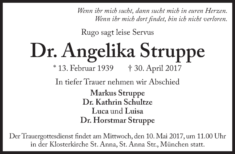 Traueranzeige für Angelika Struppe vom 06.05.2017 aus Süddeutsche Zeitung