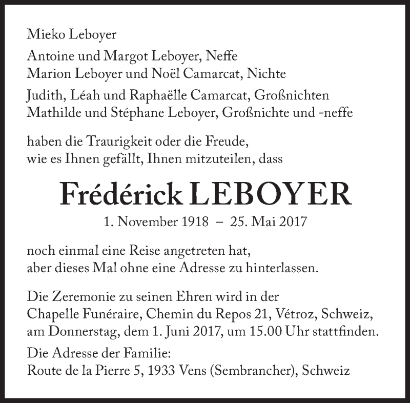  Traueranzeige für Frederick Leboyer vom 31.05.2017 aus Süddeutsche Zeitung