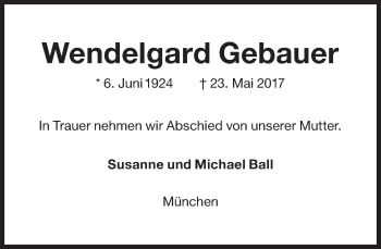 Traueranzeige von Wendelgard Gebauer von Süddeutsche Zeitung