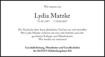 Traueranzeige von Lydia Matzke von Süddeutsche Zeitung