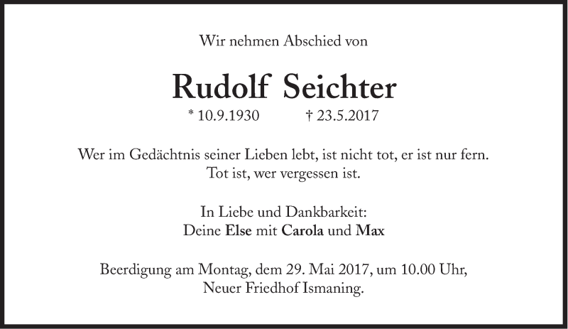  Traueranzeige für Rudolf Seichter vom 26.05.2017 aus Süddeutsche Zeitung