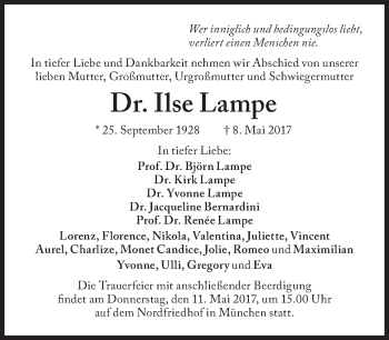 Traueranzeige von Ilse Lampe von Süddeutsche Zeitung