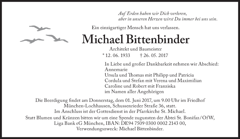 Traueranzeige für Michael Bittenbinder vom 29.05.2017 aus Süddeutsche Zeitung