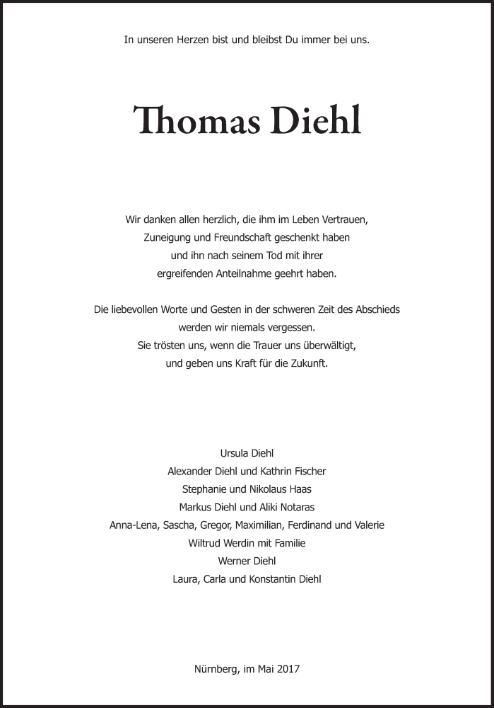  Traueranzeige für Thomas Diehl vom 20.05.2017 aus Süddeutsche Zeitung