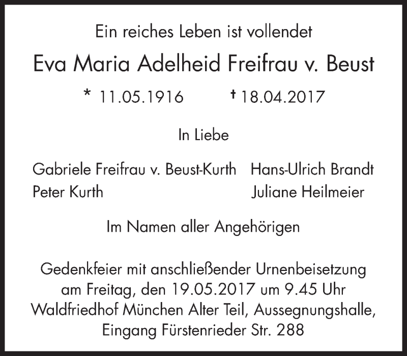  Traueranzeige für Eva Maria Adelheid Freifrau v. Beust vom 06.05.2017 aus Süddeutsche Zeitung