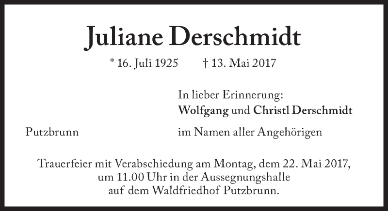  Traueranzeige für Juliane Derschmidt vom 17.05.2017 aus Süddeutsche Zeitung