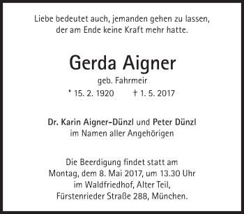 Traueranzeige von Gerda Aigner von Süddeutsche Zeitung