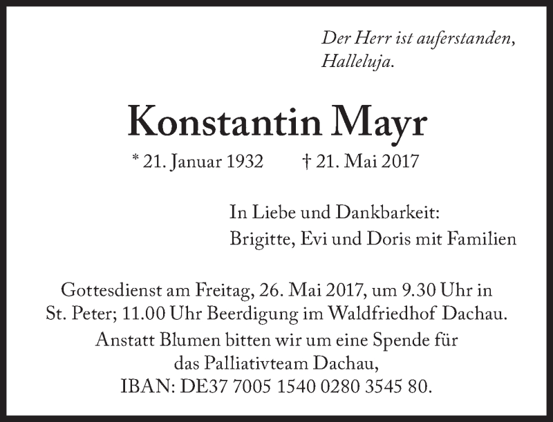  Traueranzeige für Konstantin Mayr vom 24.05.2017 aus Süddeutsche Zeitung
