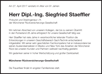 Traueranzeige von Siegfried Staeffler von Süddeutsche Zeitung