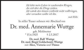 Traueranzeige von Annemarie Wuttge von Süddeutsche Zeitung