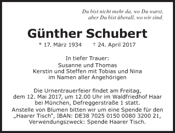 Traueranzeige von Günther Schubert von Süddeutsche Zeitung