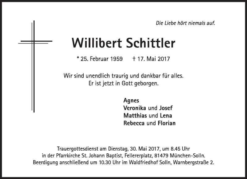  Traueranzeige für Willibert Schittler vom 24.05.2017 aus Süddeutsche Zeitung