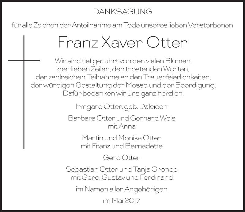  Traueranzeige für Franz Xaver Otter vom 13.05.2017 aus Süddeutsche Zeitung