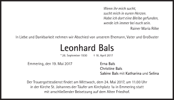 Traueranzeige von Leonhard Bals von Süddeutsche Zeitung