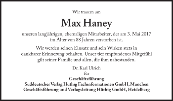 Traueranzeige von Max Haney von Süddeutsche Zeitung