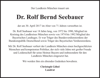 Traueranzeige von Rolf Bernd Seebauer von Süddeutsche Zeitung