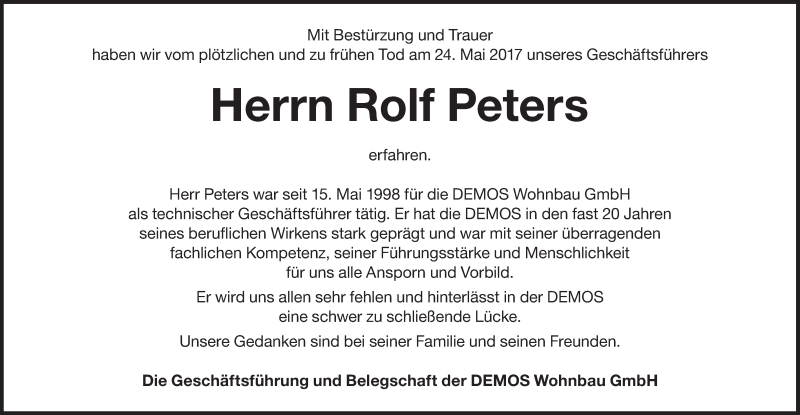  Traueranzeige für Rolf Peters vom 30.05.2017 aus Süddeutsche Zeitung