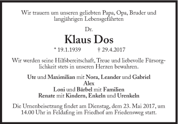 Traueranzeige von Klaus Dos von Süddeutsche Zeitung
